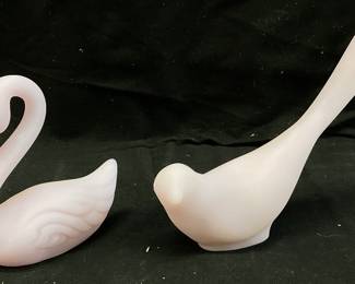 (2) FENTON SATIN ART GLASS SWAN & BIRD OF HAPPINESS FIGURINE