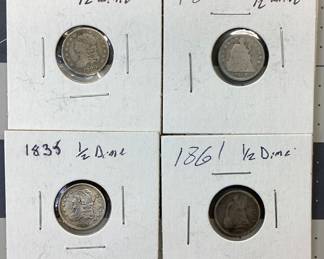 4 HALF DIME LOT 1829-61 1829,35 CAPPED BUST AND 1858,61 SEATED LIBERTY HALF DIME