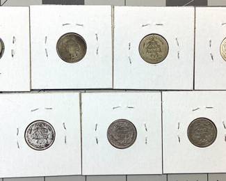 1800'S DIME AND HALF DIME LOT 1875, 1876 CARSON CITY, 1883, 1884, 1885, 1886 SEATED KIBERTY DIMES AND 1853 HALF DIME