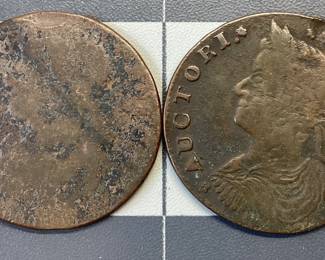 2 CONNECTICUT COPPER COINS 2 CONNECTICUT COLONIAL COPPER 1/2 PENNY COIN, ONE 1787 DRAPED BUST TO THE LEFT, AND ONE UNKNOWN YEAR DRAPED BUST LEFT