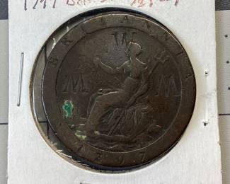 4 BRITISH COIN LOT 1797 GEORGE III HALF-PENNY WITH COUNTER STAMP W, 1900 VICTORIA PENNY, 1935,38 ENGLISH LARGE CENT