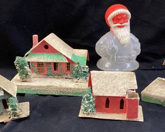 5 VTG. CHRISTMAS PUTZ HOUSES, MADE IN JAPAN & WEST GERMAN SANTA CLAUS CANDY CONTAINER NO SHIPPING PICKUP ONLY