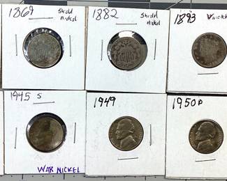 9 NICKEL LOT,3 CENT,V,WAR,BUFFALO,SHIELD 1866 3 CENT NICKEL, 1893, 1911 V NICKEL, 1935 DENVER BUFFALO, 1945 SAN FRANCISCO WAR NICKEL (35% SILVER), 1949,1950 D JEFFERSON, 1869, 1882 SHIELD NICKELS