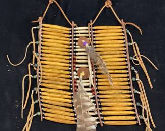 HAND CRAFTED NATIVE AMERICAN BONE HAIRPIPE BREASTPLATE ADORNED WITH 2 FEATHERS AND BOUND WITH LEATHER & SPACER BEADS
