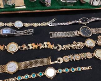 ASSORTED WATCH GROUP, SEIKO, VTG. JENNIE B NOAHS ARK, ENAMELED DOG/BONE & ABALONE BUTTERFLY, GUESS, HENNESSY,
