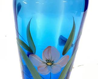 FENTON HAND PAINTED TWILIGHT BLUE TULIPS TRANSPARENT VASE, 10in