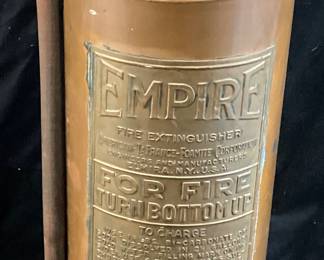 VTG. COPPER & BRASS EMPIRE FIRE EXTINGUISHER w HOSE ATTACHED