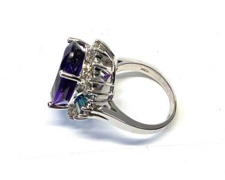 14k Amethyst Ladies Ring This Beautiful 14 Karat 10.14 Gram White Gold Ring Features 10 Carat Oval Amethyst Surrounded By 1 Carat Round Diamonds And 1/2 Carat Blue Diamond Baguettes (stone Weights Are Approximate) Size 6.5