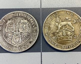 2 ONE BRITISH SHILLING COIN LOT FEATURES A 1898 WITH QUEEN VICTORIA AT 90% SILVER AND 5.6 GRAMS, 1921 WITH KING GEORGE V AT 50% SILVER AT 5.6 GRAMS