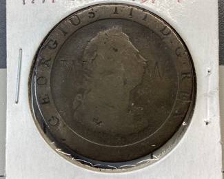 4 BRITISH COIN LOT 1797 GEORGE III HALF-PENNY WITH COUNTER STAMP W, 1900 VICTORIA PENNY, 1935,38 ENGLISH LARGE CENT