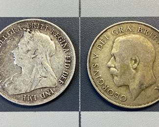 2 ONE BRITISH SHILLING COIN LOT FEATURES A 1898 WITH QUEEN VICTORIA AT 90% SILVER AND 5.6 GRAMS, 1921 WITH KING GEORGE V AT 50% SILVER AT 5.6 GRAMS