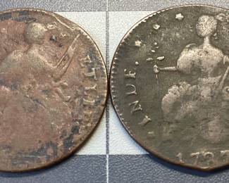 2 CONNECTICUT COPPER COINS 2 CONNECTICUT COLONIAL COPPER 1/2 PENNY COIN, ONE 1787 DRAPED BUST TO THE LEFT, AND ONE UNKNOWN YEAR DRAPED BUST LEFT