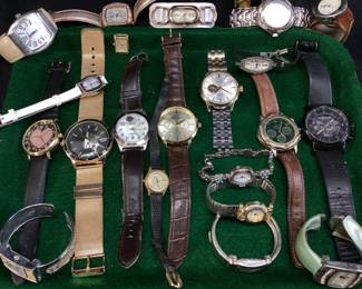 ASSORTED WATCH GROUP, SEIKO, VTG. JENNIE B NOAHS ARK, ENAMELED DOG/BONE & ABALONE BUTTERFLY, GUESS, HENNESSY,