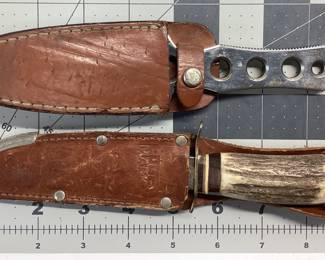 2 FIXED BLADE KNIFE LOT GERMAN EDGE MARK STAG HANDLE BUCK STYLE, BLAZER 4 THROWING KNIFE