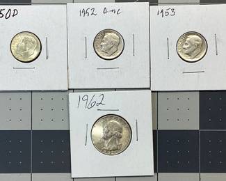SILVER DIMES AND QUARTER LOT 5 DIMES 1949-1961 AND 1962 QUARTER AT 90% SILVER