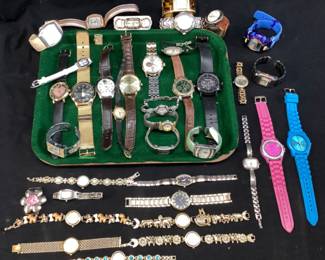 ASSORTED WATCH GROUP, SEIKO, VTG. JENNIE B NOAHS ARK, ENAMELED DOG/BONE & ABALONE BUTTERFLY, GUESS, HENNESSY,