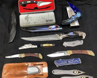 (13) ASSORTED KNIVES, SCHRADE UNCLE HENRY NEW INBOX, SOME HAVE TIPS BROKEN