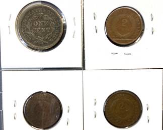 LARGE CENT, (3) TWO CENT COIN LOT WONDERFUL CONDITION 1856 LARGE CENT, (2) 1864 LARGE MOTTO AND 1868 TWO CENT COINS