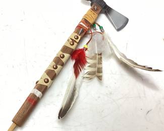 HAND CRAFTED NATIVE AMERICAN TOMAHAWK, LEATHER WRAPPING w FEATHERS