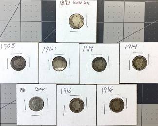 8 BARBER DIME COIN LOT 1893, 1912-S, (2)1914, (3) 1916 BARBER DIMES AT 90% SILVER