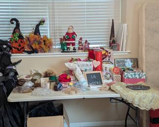 Holiday and Celebration Room!! Party decorations, ribbon, serving ware, gifts, cards, etc!! Most are new with tag! 