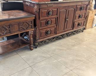 Assorted solid wood furniture - side table with deep drawer and buffet bar with drawers and cabinet pictured