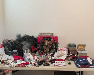 Holiday and Celebration Room!! Christmas decorations, ornaments, wreaths, serving ware, gifts, cards, etc!! Most are new with tag! 