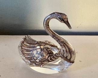 Vintage Sterling Silver Germany Crystal Swan Open Salts Tray