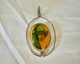 Signed Handmade Wire-Wrapped Pendant Featuring an Abstract Painted Face