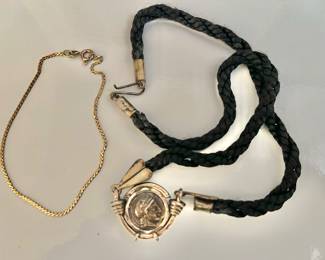 Roman Coin Necklace and 14K gold bracelet.