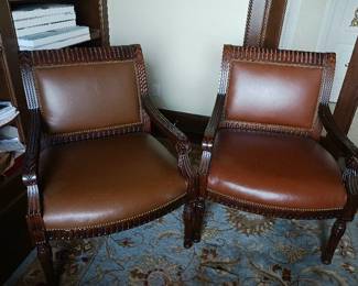 Whittermore-sherril leather chairs+carved wood