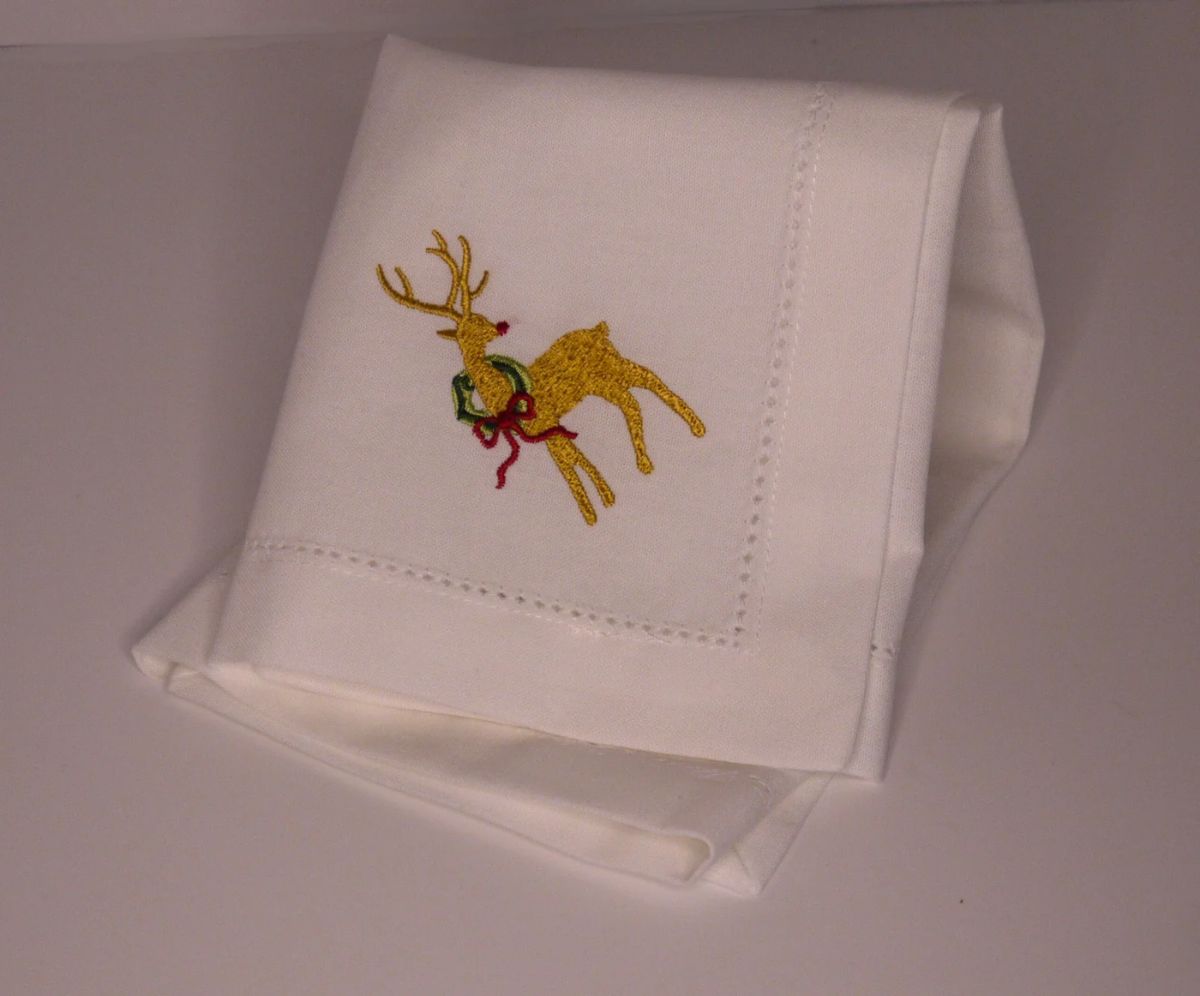100% Linen Reindeer Embroidered Dinner Napkins. 20x20 