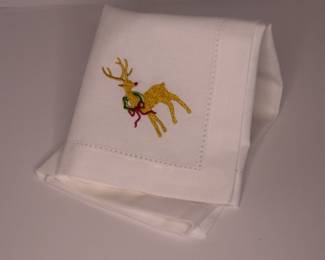 100% Linen Reindeer Embroidered Dinner Napkins. 20x20 