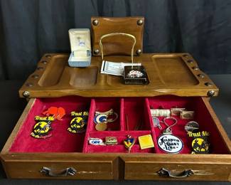 Jewelry Box W Pins, Cufflinks, Zippo Lighter And More