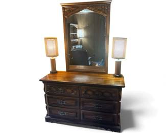 Vintage Wooden Double Dresser With Mirror