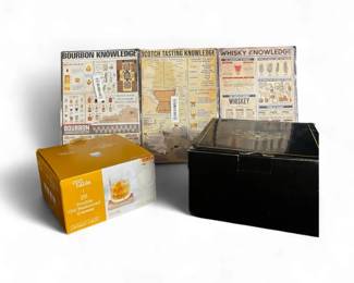 Whiskey, Bourbon, Scotch Connoisseur Tin Signs And Crystal Glasses