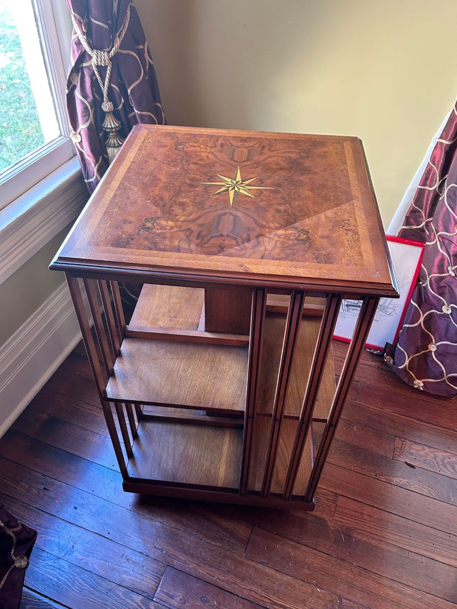 Antique Edwardian Revolving Bookcase
Excellent condition, except for the top has faded from sitting near a window.
19 1/2” x 19 1/2” x 31” tall.