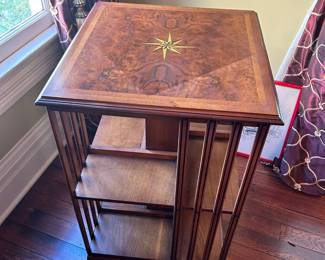 Antique Edwardian Revolving Bookcase
Excellent condition, except for the top has faded from sitting near a window.
19 1/2” x 19 1/2” x 31” tall.