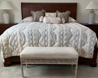 Pilling Manchester Collection: Bed Frame, 2 Nightstands, Table Lamps, Upholstered Bench