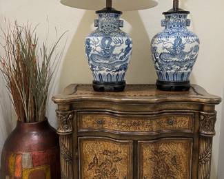 Entry Chest, Pair of Beautiful Blue and White Asian Ginger Jar Style Table Lamps, Pottery