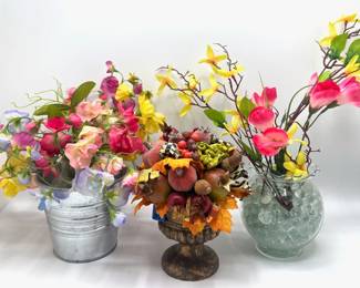 Faux Flowers In Vases: Glass With Marbles, Tin & Gold Tone Pedestal
Lot #: 200