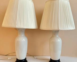 Pair Vintage Ceramic Table Lamps With Wood Bases & Shades
Lot #: 116