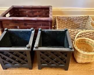 Selmat Mahogany Newspaper Bin, 2 Black Regency Style Planters & 2 Wicker Baskets
Lot #: 92