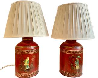 Pair Antique Red Tole Chinoiserie Tea Canister Lamps With Shades
Lot #: 43