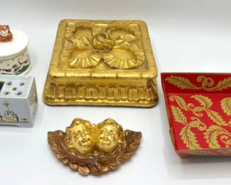 Handmade Covered Jewelry Box, Vintage Delft Hairpin Holder, Tin Trinket Tray, Fox Hunt Trinket Box & Angels
Lot #: 103