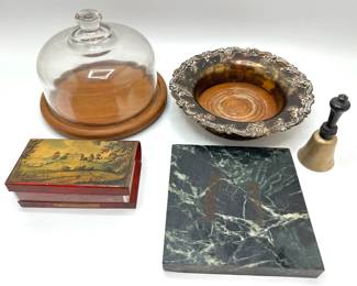 Mid Century Modern Teak Cloche Cheese Board, Wine Coaster, Vintage Matchbook Cover, Marble Trivet & Bell
Lot #: 148