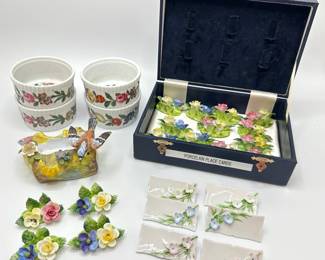 Porcelain Place Cards: 16 Staffordshire Roses & 6 Rectangles, 4 French Floral Ramekins & Bird Ash Tray
Lot #: 101