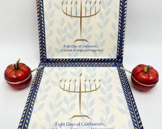 2 Rosh Hashana Quest Collection Mini Enamel Apple Honey Dishes & 2 Chanukah Trivets, Ready To Hang
Lot #: 155