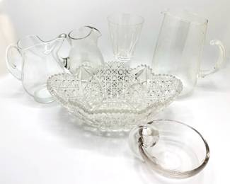 Vintage Cut Glass Crystal Bowl, 3 Glass Pitchers, Small Heavy Glass Bowl & Goblet
Lot #: 134