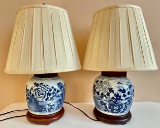 Pair Vintage Chinese Ginger Jar Porcelain Table Lamps On Wood Bases With Shades
Lot #: 85